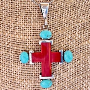 Sterling Silver Turquoise & Coral Cross Pendant 925 Vintage Thailand